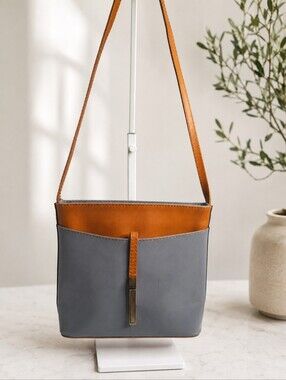 Italian Leather Blue Cognac Shoulder Bag Vera Pelle Made in Italy